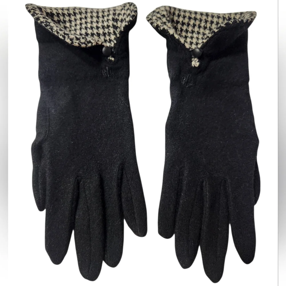 Lauren Ralph Lauren Wool & Cashmere Black Checked Gloves Size Small